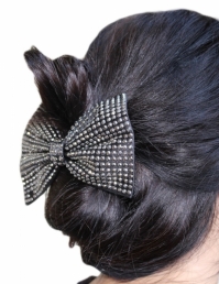 Clama de par cu fundita din satin si pietricele, negru argintiu, Vivo, GB03C