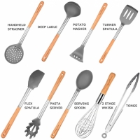 Set 9 ustensile de bucatarie din silicon cu maner din lemn, HKG0096