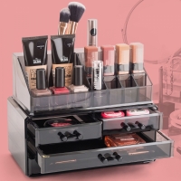 Organizator cosmetice pe 2 niveluri si 4 sertare, negru transparent, acril, BH083